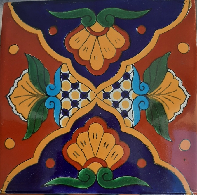 TERRACOTTA,BLUE AND GOLD GLOSS MEXICAN TALAVERA TILE