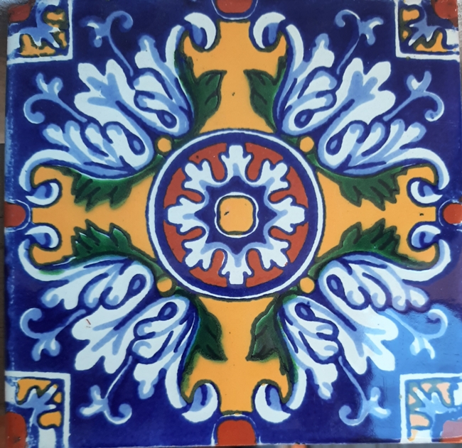 BLUE GREEN YELLOW ON CREAM GLOSS MEXICAN TALAVERA TILE