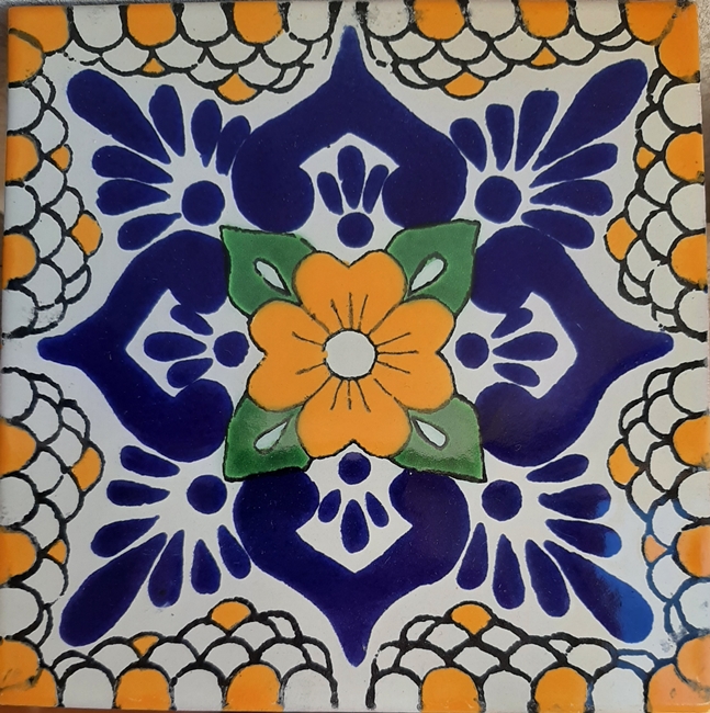 YELLOW GREEN BLUE FLOWER GLOSS MEXICAN TALAVERA TILE