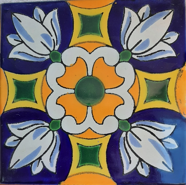 CREAM-BLUE FLOWER GLOSS MEXICAN TALAVERA TILE