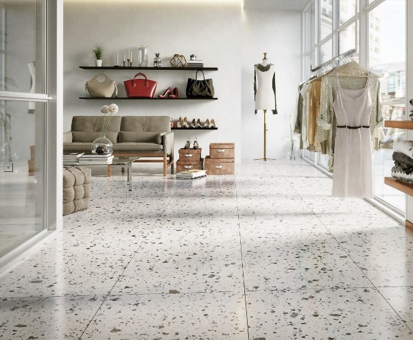 WHITE MATT LARGE PORCELAIN CHIP TERRAZZO TILE