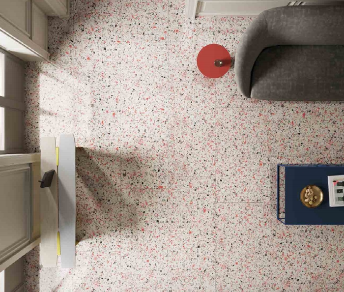 CORAL-PINK MATT LARGE PORCELAIN CHIP TERRAZZO STYLE TILE