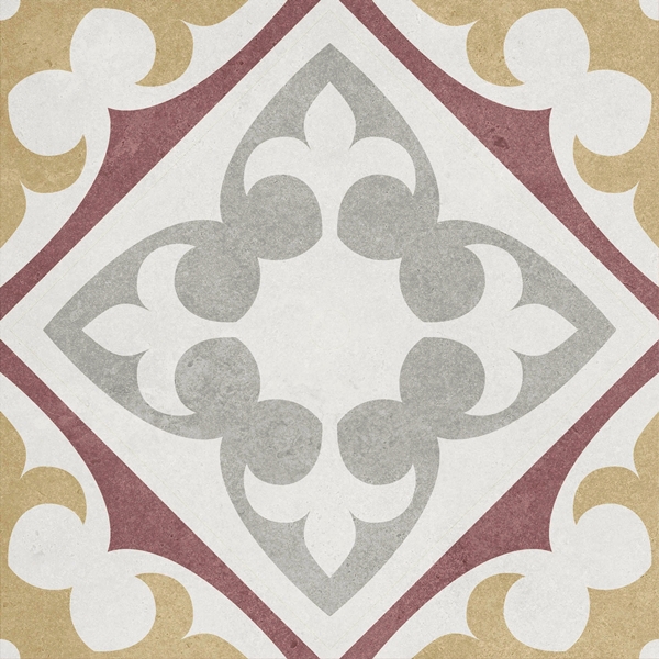 MUSTARD RED GREY VARIEGATED TONES MATT ENCAUSTIC LOOK TILE