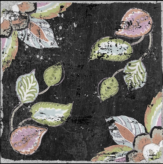 GREEN PINK BEIGE ON BLACK ENCAUSTIC LOOK TILE