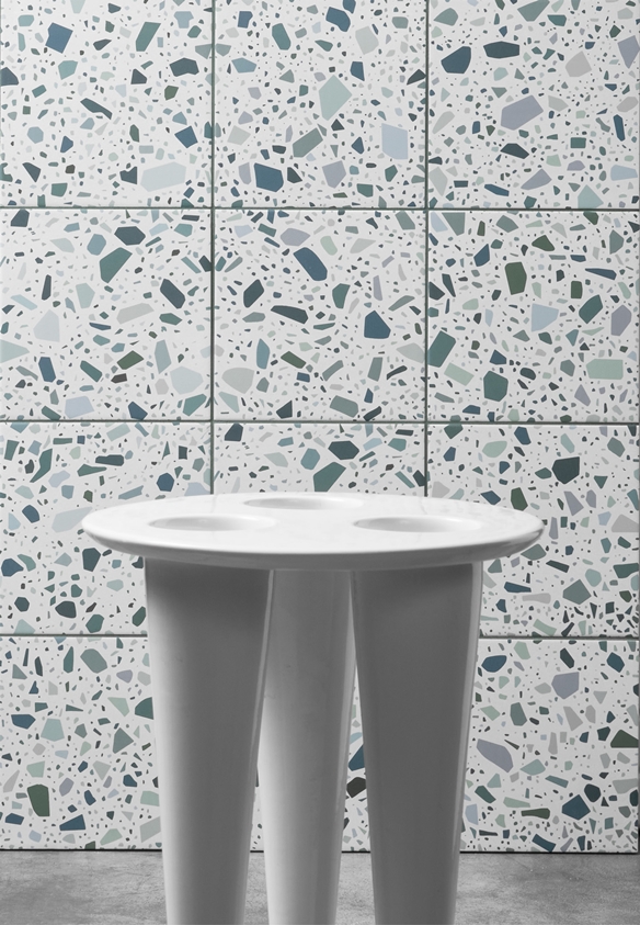 BLUE GREEN FLAKES WHITE BASE TERRAZZO LOOK TILE