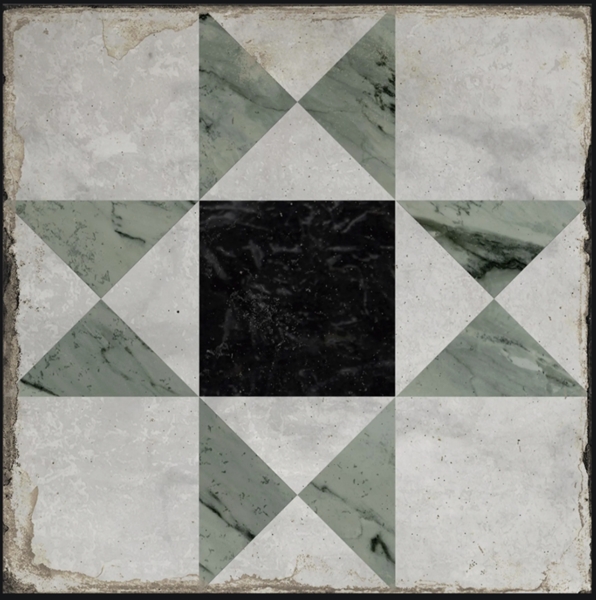 GREEN TRIANGLES BLACK SQ ON WHITE MARBLE ANTIQUE LOOK TILE
