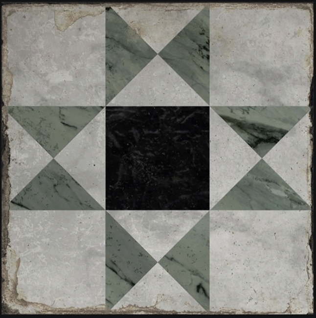 GREEN TRIANGLES BLACK SQ ON WHITE MARBLE ANTIQUE LOOK TILE