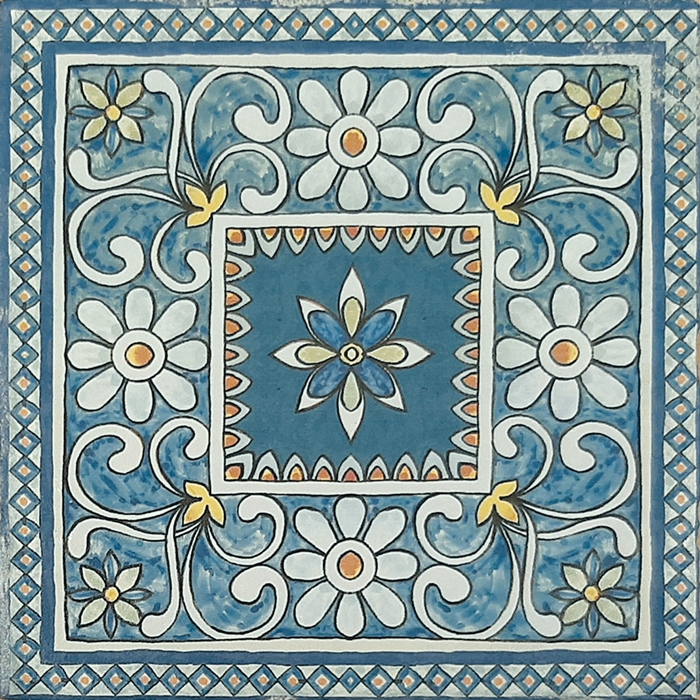 WHITE FLOWERS ON GREEN BLUE MATT TALAVERA STYLE TILE