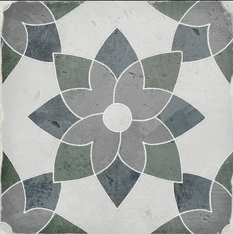 GREEN GREY FLOWER DESIGN ENCAUSTIC LOOK TILE