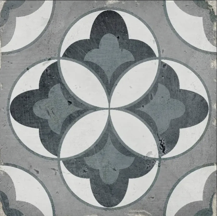 BLUE BLACK GREY FLOWER DESIGN ENCAUSTIC LOOK TILE