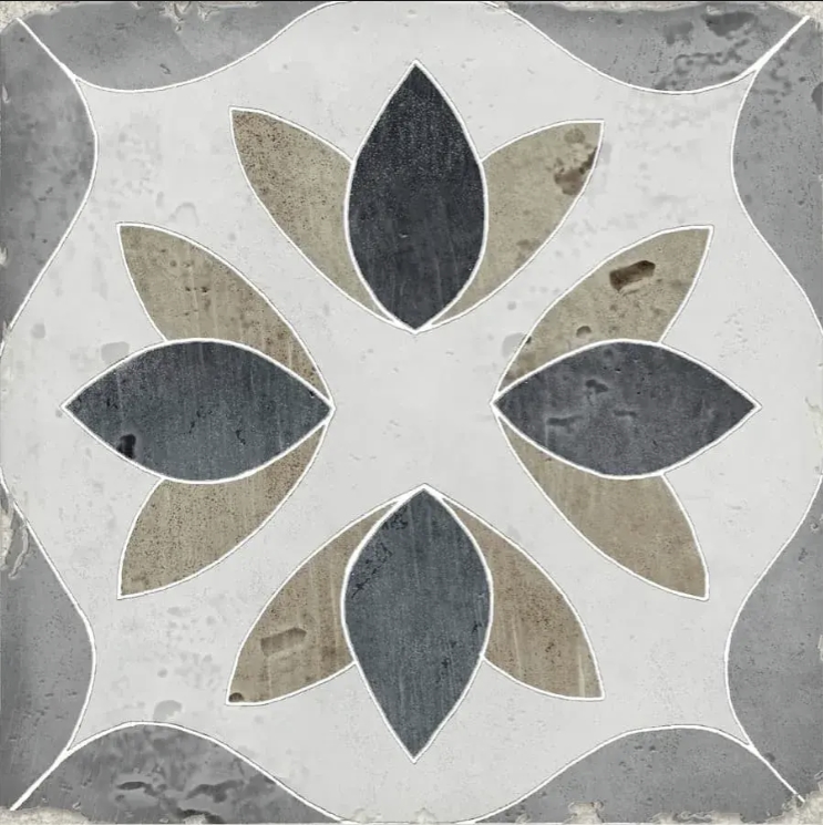 BLACK GOLD GREY FLOWER DESIGN ENCAUSTIC LOOK TILE