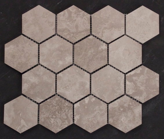 CROSS CUT GREY TRAVERTINE HONED HEXAGONAL