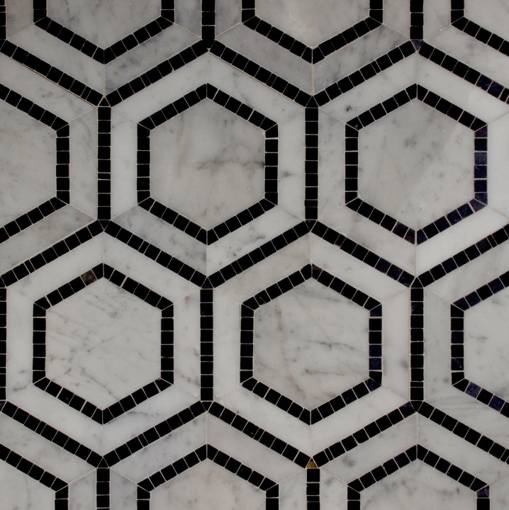 CARRARA-NERO-MARQUINA HONED HEXAGON MARBLE MOSAIC TILE