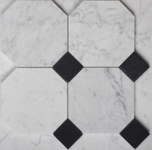 CARRARA/NERO MARQUINA HONED MARBLE OCTAGON MOSAIC