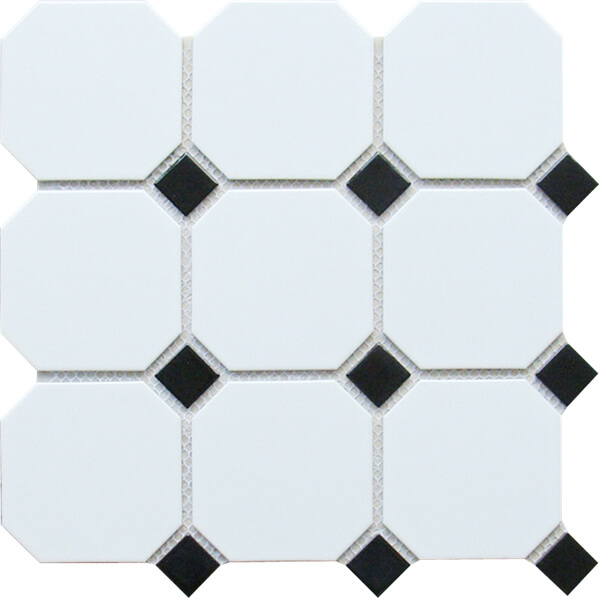 WHITE- BLACK OCTAGONAL AND DOT MOSAIC TILE