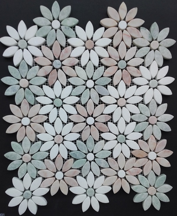 Pink Green And Thasos Tumbled Marble Daisy Mosaic Mixed Shapes The Tile Mob