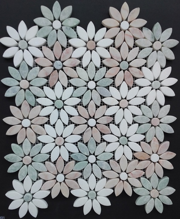 PINK,GREEN & THASOS TUMBLED MARBLE DAISY MOSAIC