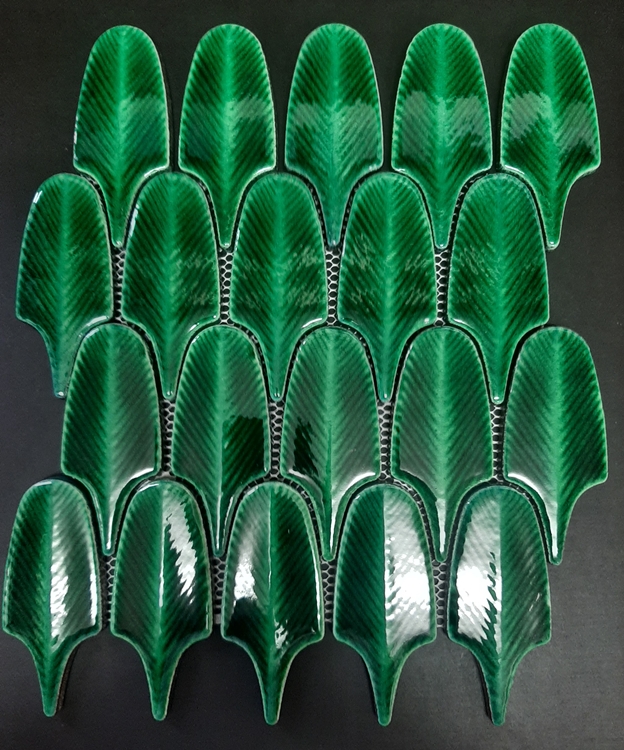 BOTTLE-GREEN GLOSS FEATHER MOSAIC TILES