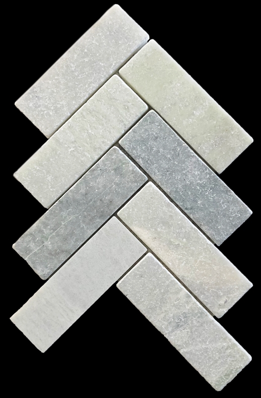 VERDI CRISTALLO TUMBLED HERRINGBONE MARBLE MOSAIC