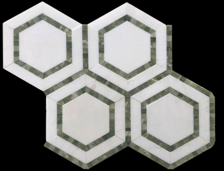 MOSS GREEN & THASSOS SHADOW HEXAGON HONED MOSAIC