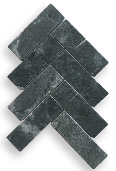 TAJ GREEN TUMBLED HERRINGBONE MARBLE MOSAIC