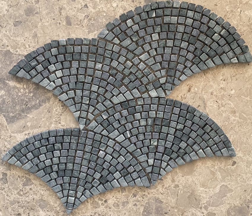 INDIAN GREEN TUMBLED MARBLE FAN MOSAIC TILE
