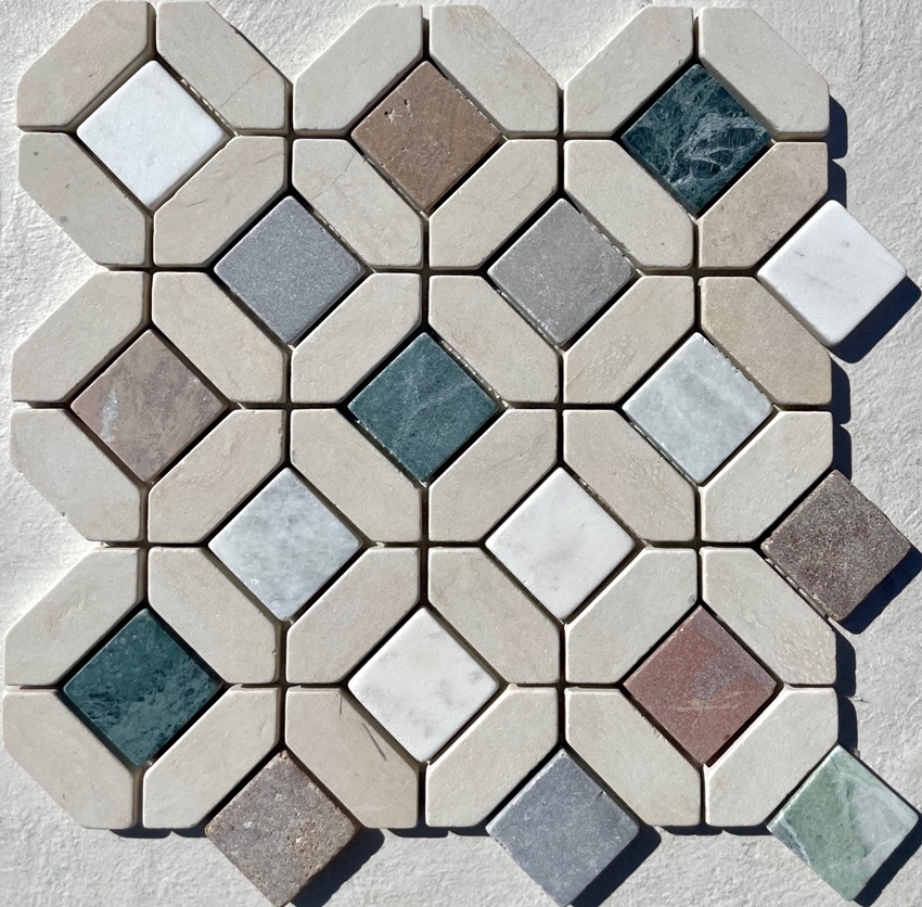 MIXED MARBLE SQUARES WITH BEIGE MARBLE BORDER HONED MOSAIC