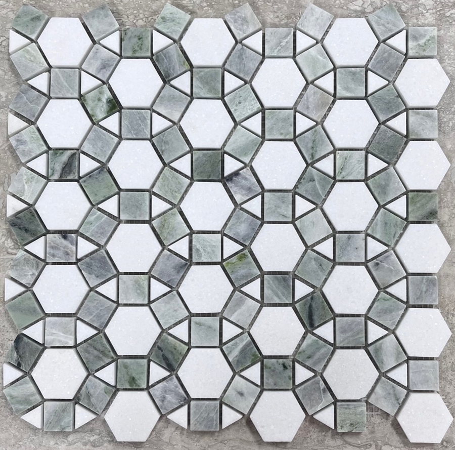 THASSOS WHITE/JADE GREEN HONED MARBLE MONTREAL MOSAIC