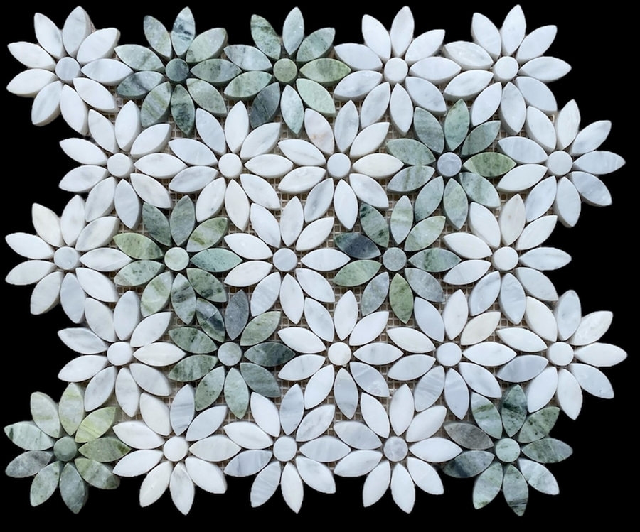 AMAZONIA GREEN & ORIENTAL WHITE HONED MARBLE DAISY MOSAIC