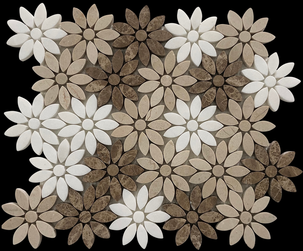 DK EMPERADOR,CREMA & THASSOS HONED MARBLE DAISY MOSAIC