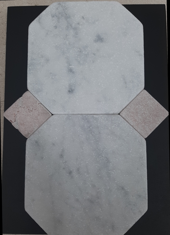 CARRARA OCTAGON WITH ROSSO CREMA DOT TUMBLED MARBLE