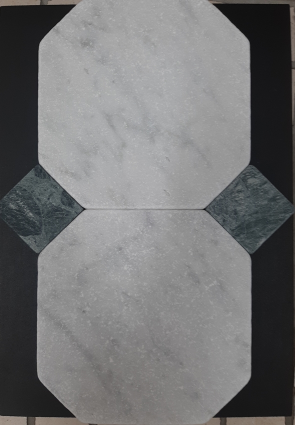 CARRARA  OCTAGON WITH INDIAN GREEN DOT TUMBLED MARBLE