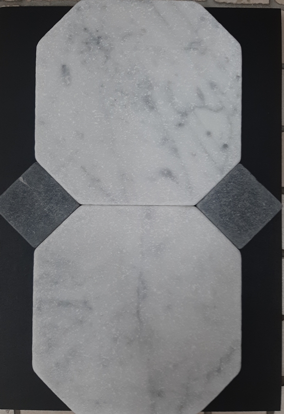 CARRARA OCTAGON WITH NERO MARQUINA DOT TUMBLED MARBLE