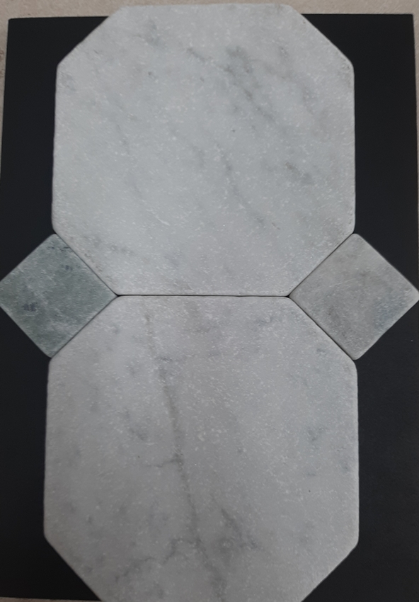 CARRARA OCTAGON WITH PEACOCK GREEN DOT TUMBLED MARBLE