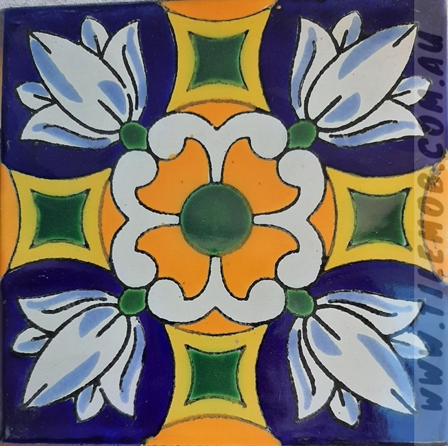 CREAM-BLUE FLOWER GLOSS MEXICAN TALAVERA TILE
